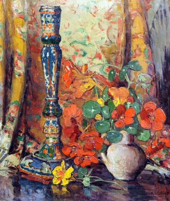 Scottish School circa 1900 Still life with a faience candlestick and nasturtiums, 16 x 14in.